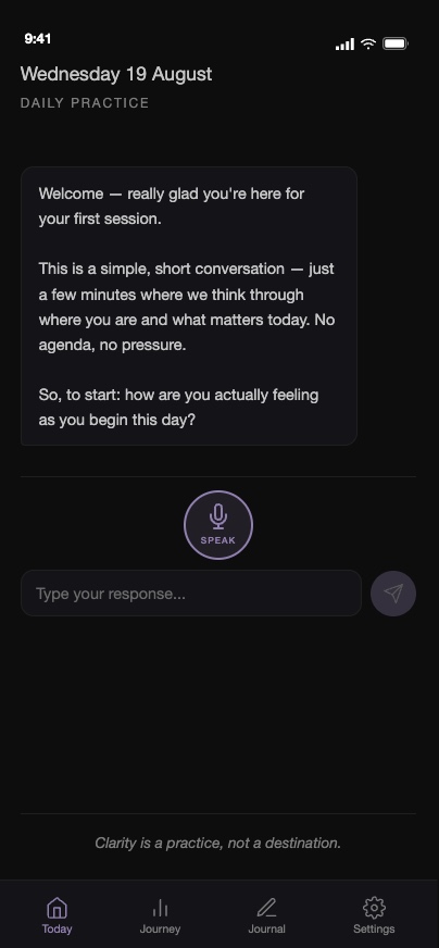 Daily practice screen from the Humore app, showing the voice input as the primary way to respond